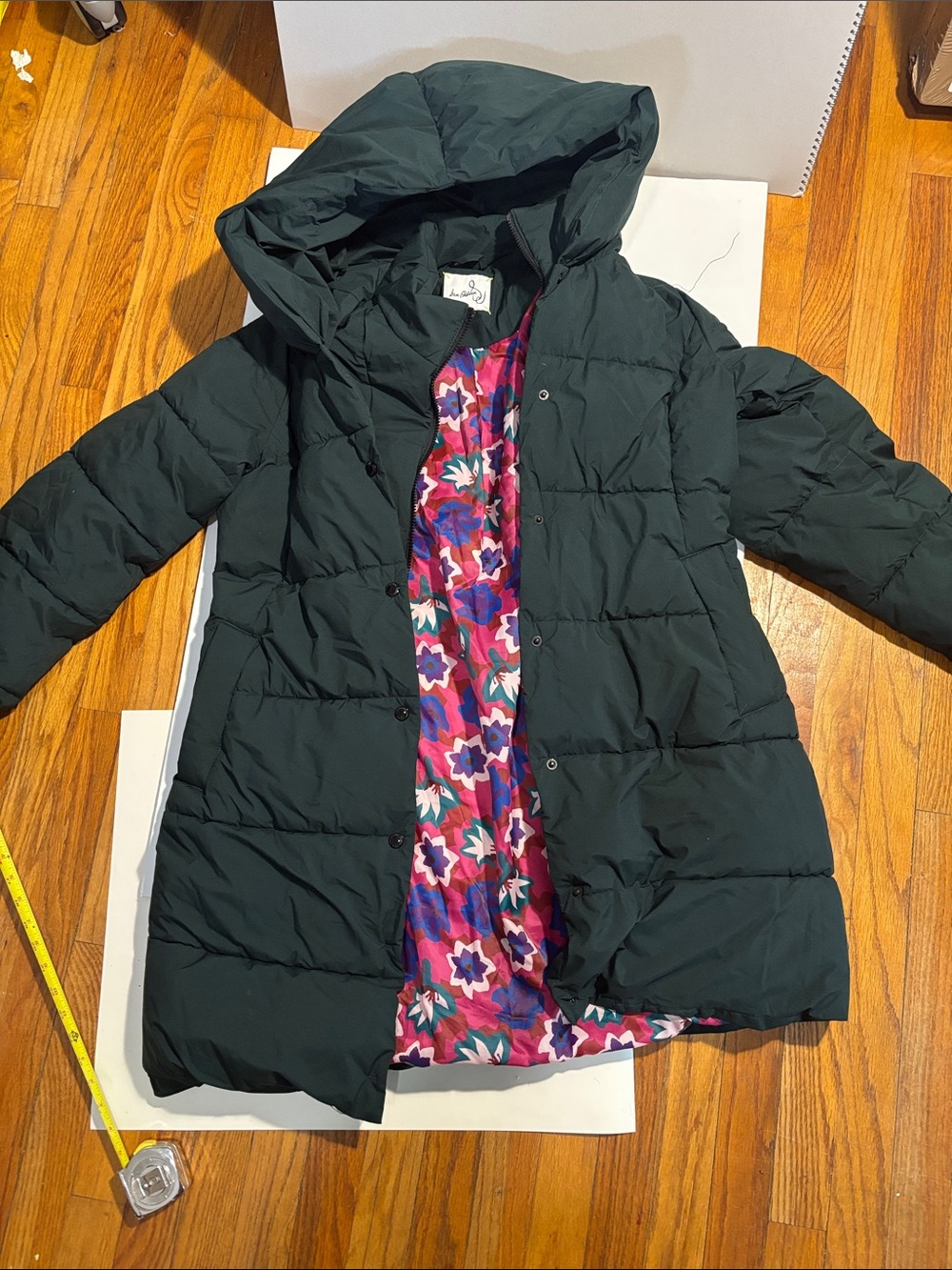Sam Edelman Forest Green mid length Hooded Puffer Coat with Floral Lining